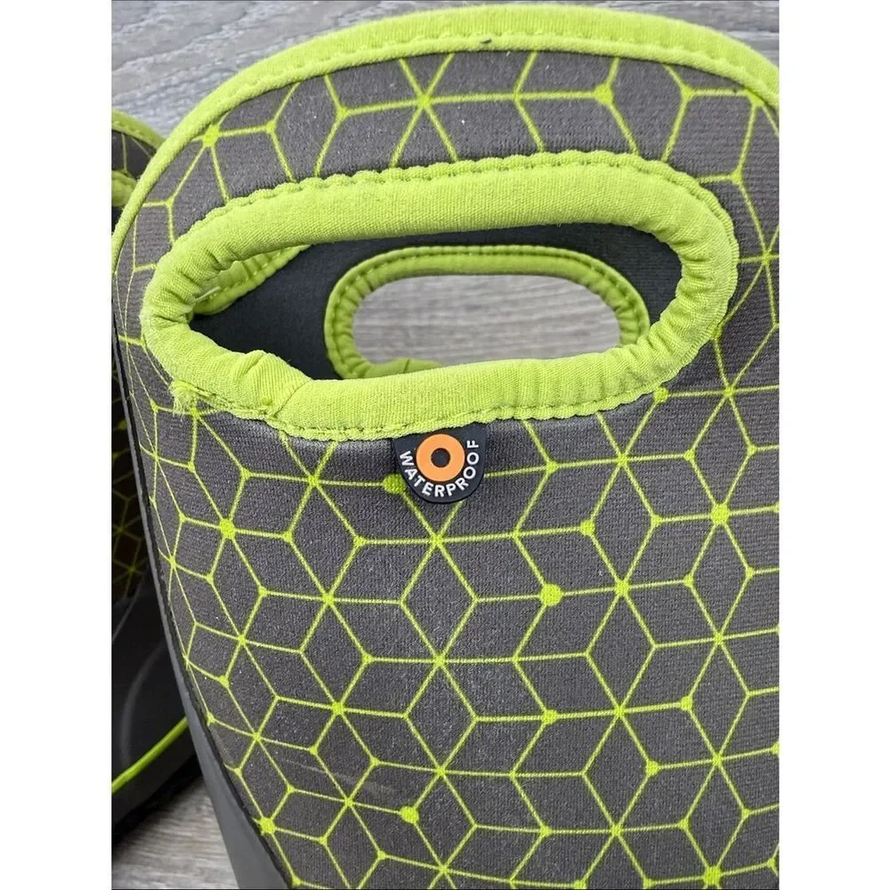 Bogs Waterproof-4f Slushie Web Geometric  Little Boy Sz 13 Gray Green Rain Boots